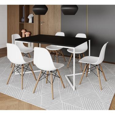Imagem de Mesa Jantar Industrial Retangular Preta 137X90Cm Base V Ferro Branco C/6 Cadeiras Branca Mad Preto