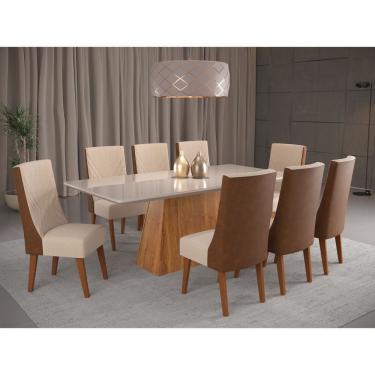 Imagem de Mesa De Jantar Retangular Splendore Com 8 Cadeiras Topazio Mel/off/linho Bronze