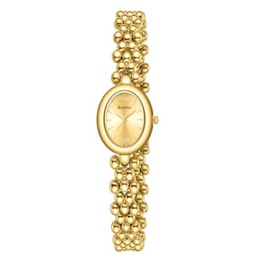 Imagem de Rovixs Relógio feminino oval vintage pequeno, relógio moderno à prova d'água com movimento de quartzo japonês, pulseira ajustável com ferramenta, Ouro - ouro