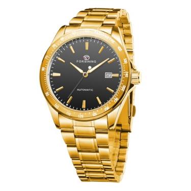 Imagem de FORSINING Relógio masculino automático de aço inoxidável com janela de data, Dourado, preto, Clássico