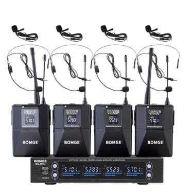 Imagem de BOMGE Sistema De Microfone Sem Fio Uhf 4 Canais Com Microfones Lapela Para Headset, Frequências Ajustáveis 4X50, Ideal Karaokê Em Igrejas, Alcance 300 Pés (4 Bodypacks)