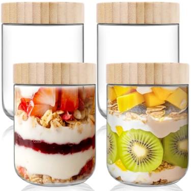 Imagem de SPMKTQK Recipientes De 16 Oz Para Aveia Noturna Com Tampa, Pacote 4 Potes Vidro Tampas Herméticas Preparação Refeições, Salada Boca Larga, Tampa Bambu Armazenamento Alimentos, Iogurte E Chia (16 Oz)