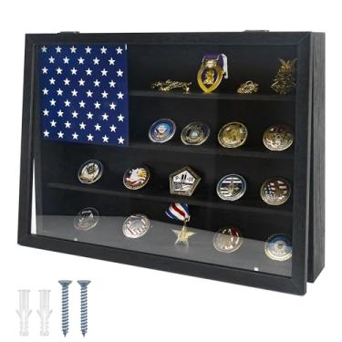 Imagem de FramePro Moldura Para Exibição De Moedas Challenge, Decoração Parede Com Bandeira Americana Madeira, Porta-Medalhas, Suporte Militar Do Governo, Preto, 12X16