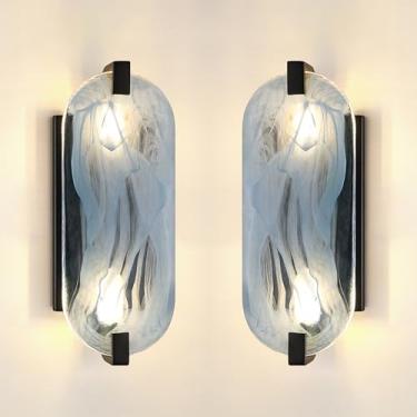 Imagem de Leading Lighting Pacote Com 2 Arandelas De Parede Vidro Azul Fosco Oval Para Banheiro, Estilo Moderno E Conciso, Acabamento Preto Quarto, Corredor Cabeceira