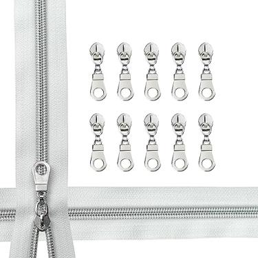 Imagem de zynzaoacs #5 Zíper Por Jarda Com Puxadores, Fita Branca Contínua (5 Jardas) E Puxadores De Metal Prateado À Prova Ferrugem (10 Unidades), Zíperes A Granel Para Costurar Bolsas Carteiras, Rolo Nylon