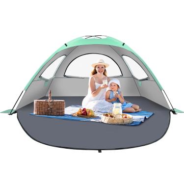 Imagem de YITGOG Tenda de praia abrigo solar para 3-4 pessoas, barraca de praia leve com proteção UV, 3 janelas enroladas de malha e fibra de vidro de 8,0 mm, fácil montagem, verde menta