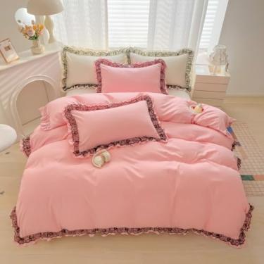 Imagem de IHOUSTRIY Conjunto de capa de edredom de renda preta, 2 peças, roupa de cama rosa, tamanho solteiro, decoração de quarto de meninas, capa de edredom 167,6 x 228,6 cm com fronha, edredom não incluído