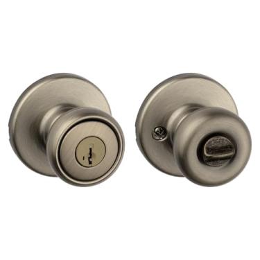 Imagem de Kwikset Maçaneta de porta de entrada Tylo com fechadura e chave, alça externa com chave segura, entrada frontal e quarto, latão antigo, resistente a picaretas SmartKey Rekey Security e Microban