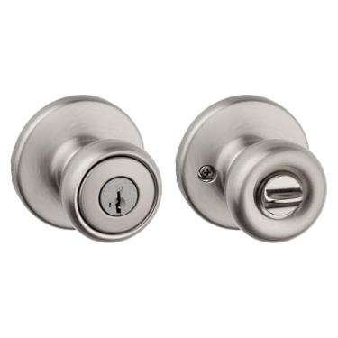 Imagem de Kwikset Maçaneta de porta de entrada Tylo com fechadura e chave, alça externa com chave segura, entrada frontal e quarto, níquel acetinado, resistente a picaretas SmartKey Rekey Security e Microban