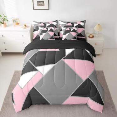 Imagem de jejeloiu Conjunto de edredom com lençol Queen, cinza, rosa, preto, abstrato, listrado, geométrico, 7 peças, arte moderna, triangular, para todas as estações, macio, leve, decoração de quarto