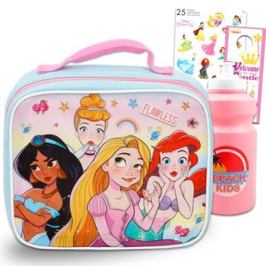 Imagem de Disney Conjunto de lancheira princesa para meninas, crianças - Pacote com lancheira escolar princesa com bolsa de água rosa, adesivos de princesa e mais (Suprimentos escolares de princesa da Disney)