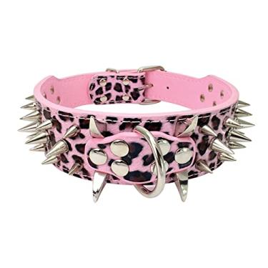 Imagem de Izefia Coleira de cachorro afiada cravejada luxuosa acolchoada coleiras de couro para cães médios e grandes – Colar antimordida de 5 cm de largura (PP, leopardo rosa - SV)