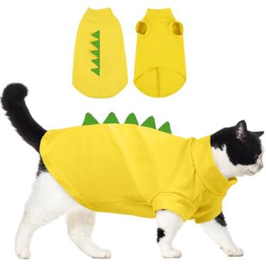 Imagem de DENTRUN Roupas para gatos Sphynx, fantasia de gato sem pelos com design de dinossauro, camisetas de algodão respirável apenas para gatos, camisetas diárias de gatinho de gola redonda com mangas,