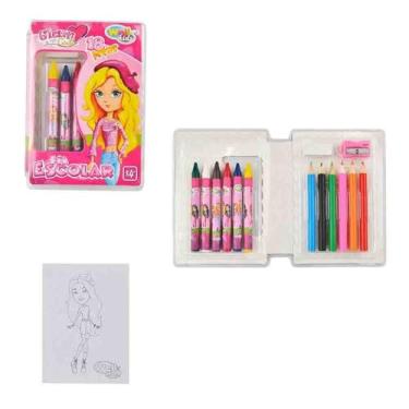 Imagem de Kit Escolar Glam Girl, 18 Peças, com Lápis de Cor, Giz de Cera, Desenhos para Colorir, Borracha e Apontador