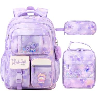 Imagem de Jafeton Mochilas para meninas, mochila com lancheira e estojo de lápis para crianças, Roxa, 11.8*7.5*17.7 inches
