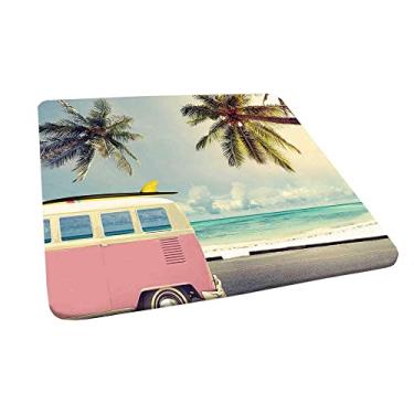 Imagem de Toalha de mesa de surfe, minivan The Beach com inspiração retrô, nuvens de férias no céu de verão, destino de lua de mel, borda elástica, adequada para decoração de mesa, buffet e acampamento, 140 x