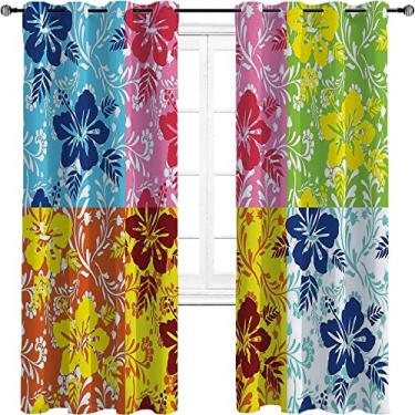 Imagem de Cortinas blackout Havaí para quarto - Cortinas escurecidas com isolamento térmico com ilhós para sala de estar, quarto, jardim de infância, sala de estar, L 213 cm x C 236 cm azul rosa verde