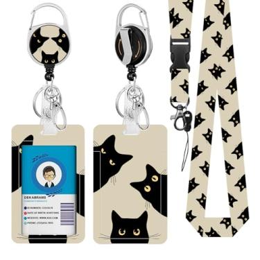Imagem de Emblema de identificação de cordão de gato preto, porta-crachá de identificação de gatos engraçados com clipe retrátil e chaveiro, capa protetora de crachá de identidade vertical com etiqueta de nome