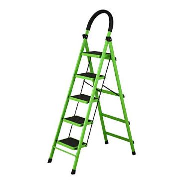 Imagem de Escada De 5 Degraus, Aço Resistente, Dobrável, Portátil Com Tapete Antiderrapante Multicolou Fácil De Guardar E Fácil De Transportar, White, GREEN
