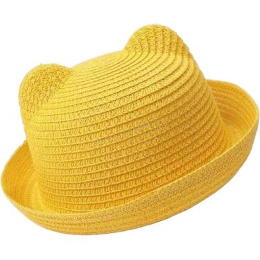 Imagem de Chapéu De Palha Bonito Bebê Cor Sólida Chapéu Com Orelhas De Verão De Palha Bebê Menina Menino Chapéu Crianças Cap Crianças Proteção Solar Sunbonnet Praia Sol Chapéu, yellow, A