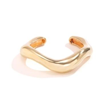 Imagem de Bracelete de metal polido largo grosso geométrico para mulheres delicado minimalista punho aberto pulseira de aço inoxidável banhado a ouro 18 k, One Size, Liga de aço, Sem Pedra Preciosa