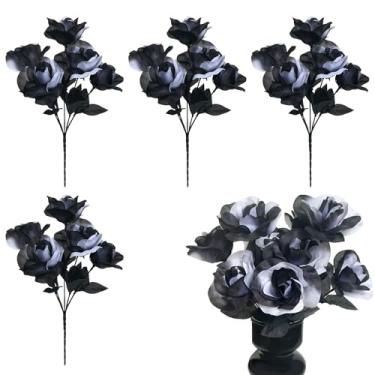 Imagem de 4 buquês artificiais de rosas pretas e brancas, adereços decorativos para decoração de festa de Halloween, casa, escritório, noiva, casamento, buquê, centro de mesa