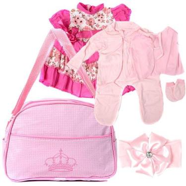 Imagem de Kit Saida Maternidade com Bolsa Rosa e Conjunto de Roupa para Bebê - B