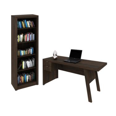 Imagem de Escritório com Mesa para Computador 2 Gavetas Com Armário Prateleiras Portas Rústico - FdECOR