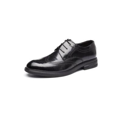 Imagem de Sapato social masculino de couro legítimo Brogue Oxford estilo britânico negócios casual wingtip noivo sapatos, Preto, 37