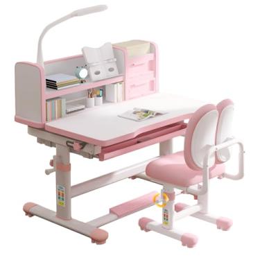 Imagem de SMIXLVY Conjunto de mesa e cadeira de estudo infantil rosa ajustável para quarto de meninas, mesa de estudo com grande quadro de escrita, estante e gaveta, conjunto funcional de mesa e cadeira com luz