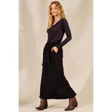 Imagem de Saia Midi De Linho Com Fendas Preta Yacamim G2-Feminino