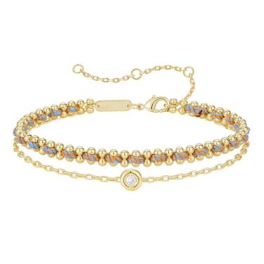 Imagem de KissYan Pulseira de camada dupla para mulheres, pulseira de cordão trançado ajustável, pulseira de cordão colorida banhada a ouro 14K, joia artesanal de praia de verão, One Size, Sem Pedra Preciosa