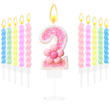 Imagem de Velas de aniversário para bolo com glitter rosa número 2 velas com 10 peças de vela espiral para meninas Topper pastel artigos de festa de aniversário para meninas de 2 anos, decoração de aniversário