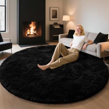 Imagem de EVOIONOS Tapete redondo preto para quarto, 1,8 x 1,8 m, tapetes macios e macios para sala de estar, tapete circular felpudo de pelúcia para piso interno, cabeceira, berçário, lavável na máquina