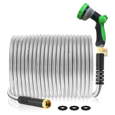 Imagem de Mangueira de metal para jardim, mangueira de água de aço inoxidável de 30 m, resistente, com bocal de 10 vias, flexível, leve, durável, sem dobras e emaranhados, metal sólido forte de 3/10.2 cm