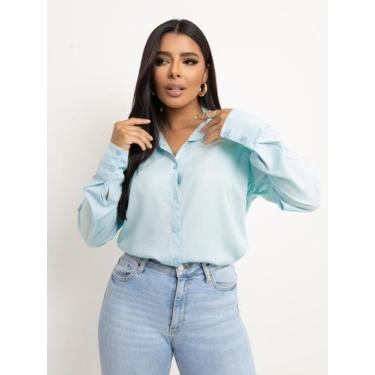Imagem de Camisa Social Feminina Manga Longa Comprida - Rezes Moda, Azul Bebe, M