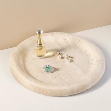 Imagem de Koville Bandeja de travertino redonda italiana, bandeja decorativa de mármore de 20 cm para bancada, acessório para perfume, velas, prato de joias