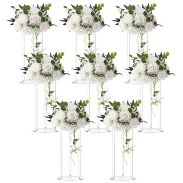 Imagem de Teenyyou 8 peças de vaso de acrílico de 40,6 cm de altura, centro de mesa transparente e elegante, com flores artificiais de hortênsia para decoração de casa de mesa de festa de casamento