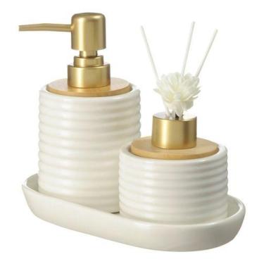 Imagem de Jogo De Banheiro Porcelana Lavabo Dispenser Líquido Bandeja - PGB