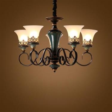 Imagem de OUFULA Luxo Europeu Lustre LED Americana Retro Cerâmica Sala de Estar Restaurante Quarto de Estudo Hotel Villa Café Lâmpada Pendente (P 5 Luzes)