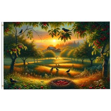 Imagem de ShineSnow Bagas vermelhas, pássaros, pôr do sol, árvores, bela paisagem de colheita de outono, bandeira de 9,5 x 1,5 m, bandeira de poliéster com costura dupla com ilhós de latão, bandeira de 7,5 x