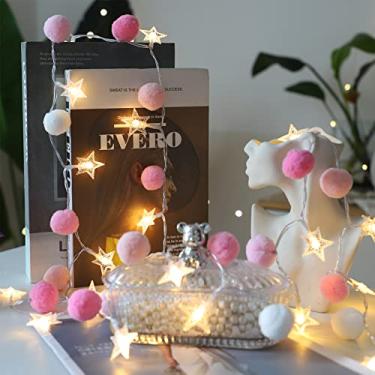 Imagem de Cordão de luzes de estrela para interior de 18 m - 20 luzes LED operadas por bateria com pompons - decoração branca quente e colorida para casa, quarto, casa de brinquedo infantil, férias, Natal