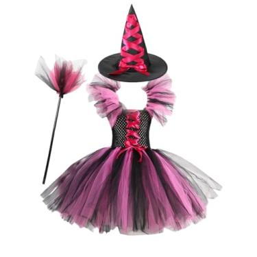 Imagem de MOLFROA Conjunto de vestido tutu feito à mão para meninas para Halloween com vassoura de bruxa e chapéu de bruxa (vermelho rosa, 6-7 anos)