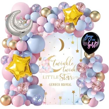 Imagem de 125 peças Twinkle Twinkle Little Star Gênero Revelar Decorações - Kit de arco de balão revelação de gênero de bebê rosa azul cintilante, pano de fundo de pequena estrela cintilante, decoração de chá