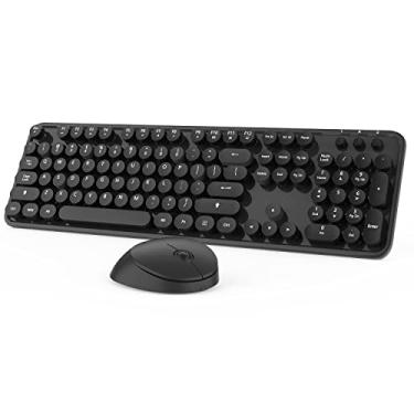 Imagem de Teclado e mouse sem fio, teclado e mouse pretos fofos, teclado sem fio de 2,4 G com teclado redondo retrô para PC, Mac, laptop, tablet, Windows de computador (preto)