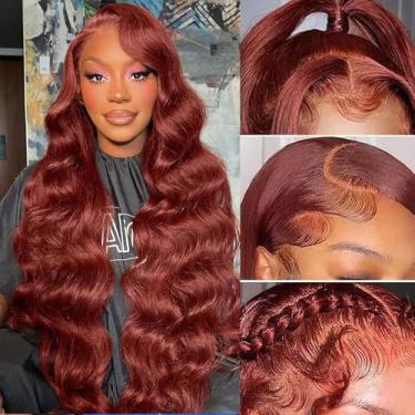 Imagem de Perucas de cabelo humano com abertura máxima de 81 cm, marrom avermelhado, 33 x 15 cm, cabelo humano ondulado com densidade de 250%, cabelo de bebê pré-arrancado, 33# HD Swiss Lace Frontal, peruca