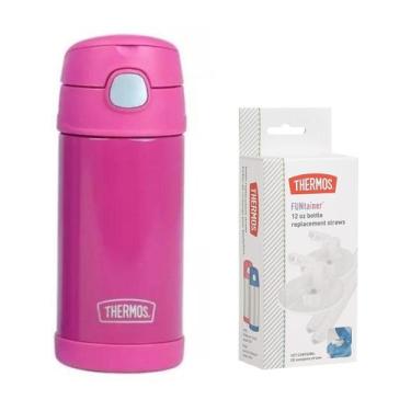 Imagem de Kit Garrafa Térmica + kit 2 Refil Canudo Thermos F401 Premium, Rosa e 