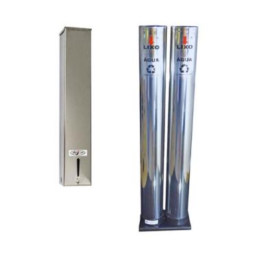 Imagem de Kit Suporte Quadrado Porta Copo Descartável Água 200ml + Lixeira Inox 