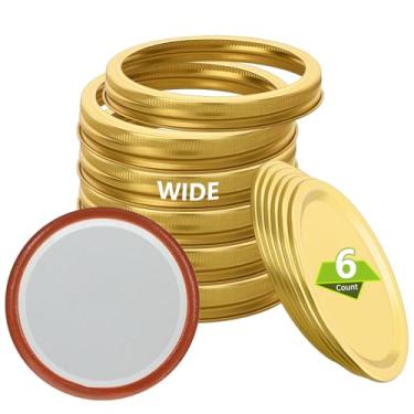Imagem de 6 anéis + 6 tampas douradas 86 mm/3,38" tampas de conserva com anéis boca larga para potes de conserva, tampa dividida e anéis material de grau alimentício, 100% ajustado e hermético para frascos de