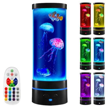 Imagem de Lâmpada de água-viva cilíndrica minimalista preta de 35,5 cm com controle remoto, com 3 águas-vivas (2 grandes + 1 pequena), 16 mudanças de cor, com base azul elegante, alimentada por USB, para